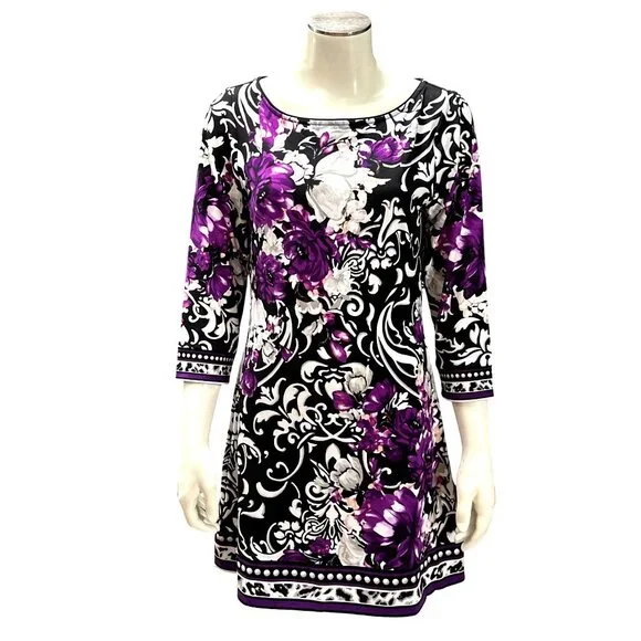 White House Black Market Medium Floral Black Purple Shift Dress Stretch Bold Des - Picture 2 of 12